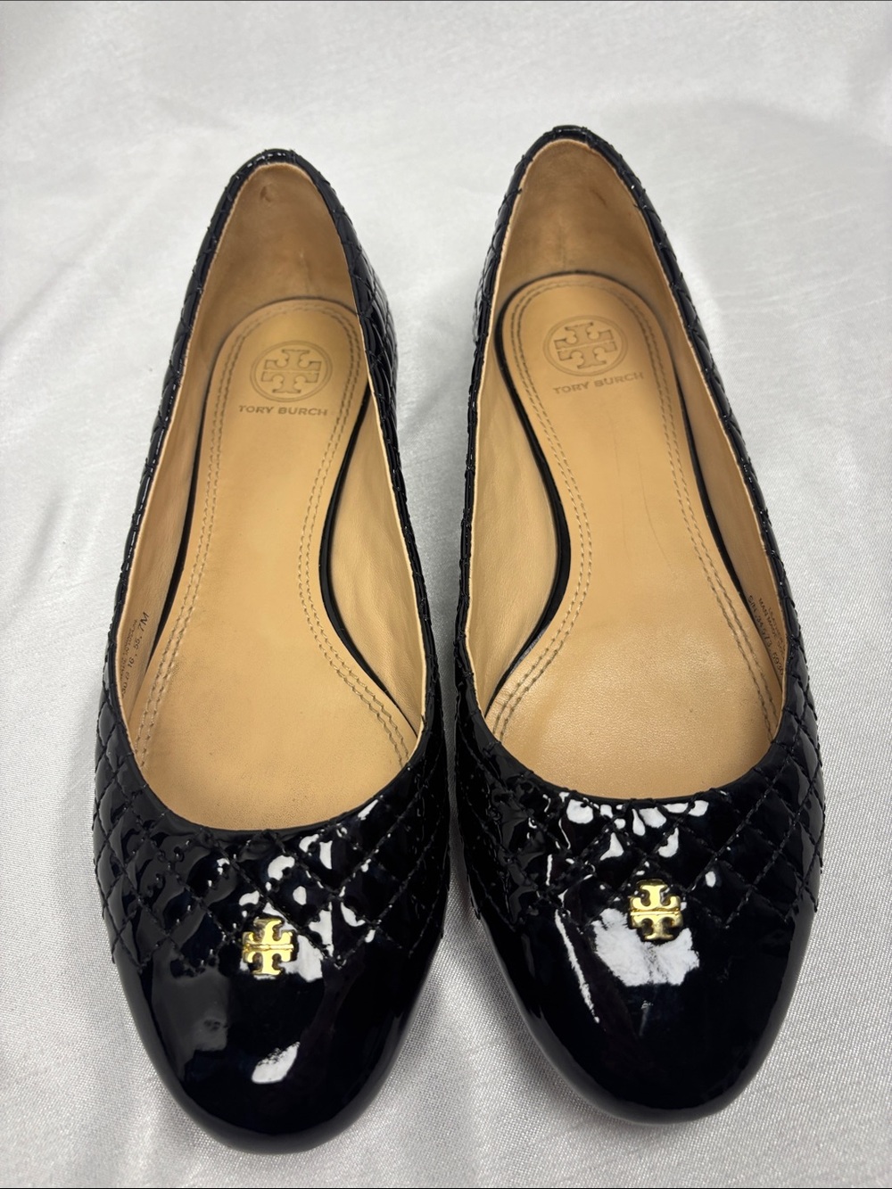 Tory Burch Black Patent Quilted Toe Ballet Flats with Gold Logo